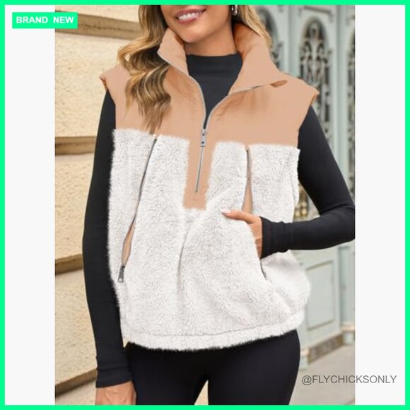 Cropped Fleece Sherpa Vest with Half Zipper and Pockets - Picture 6 of 7